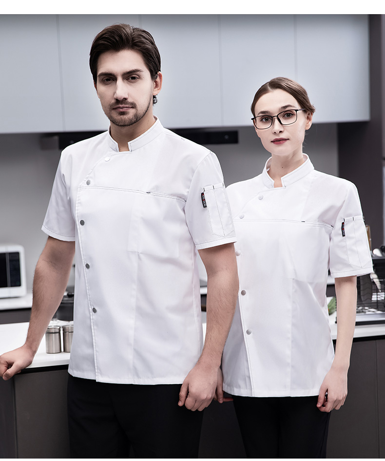 Full-process polyester-cotton short-sleeved chef uniform top H03-fine five-button