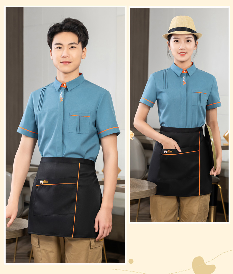 WAITER letter embroidered shirt tea restaurant Chinese restaurant waiter work clothes short-sleeved top + apron universal style H01-2023-04