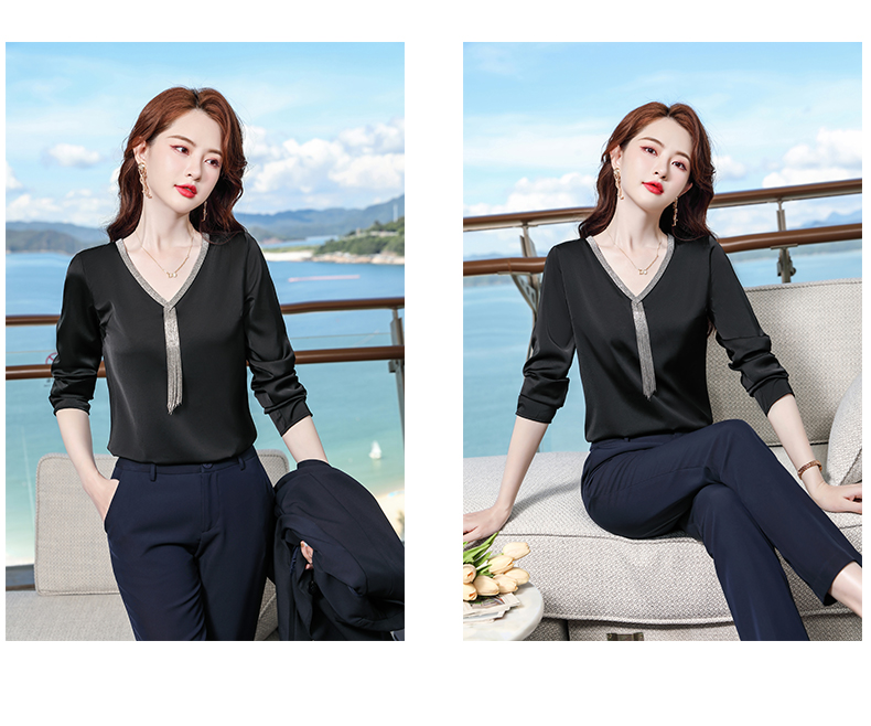 Acetate V-neck temperament suit women long-sleeved bottoming shirt DR1-9935