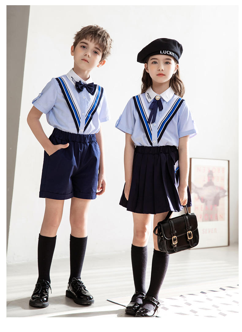 Casual college British style summer primary and secondary school students short-sleeved shirt school uniform suit two-piece suit 215-820 (including badge, bow tie)