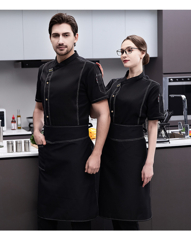 Full process polyester cotton short sleeve chef uniform top H03-black marked line