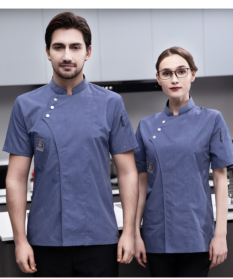 Full-process polyester-cotton short-sleeved chef uniform top H03-oblique three buttons