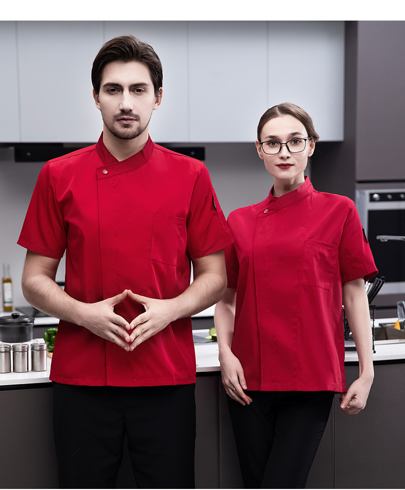 Full-process polyester-cotton short-sleeved chef uniform top H03-oblique pure white