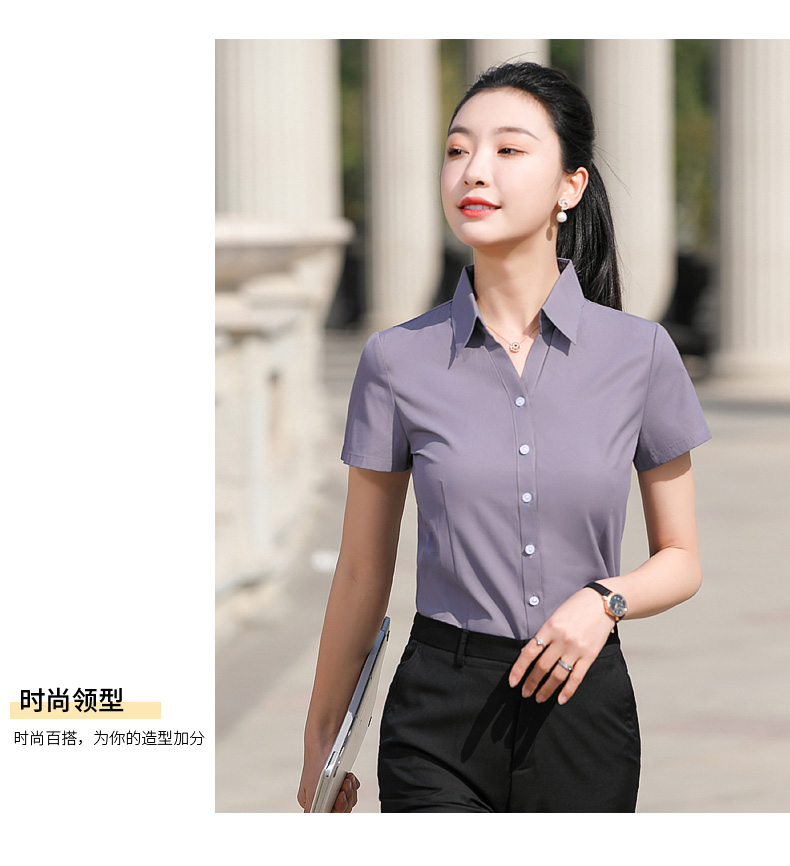 V-neck urban casual fine twill short-sleeved shirt women 171-325 short-sleeved shirt women