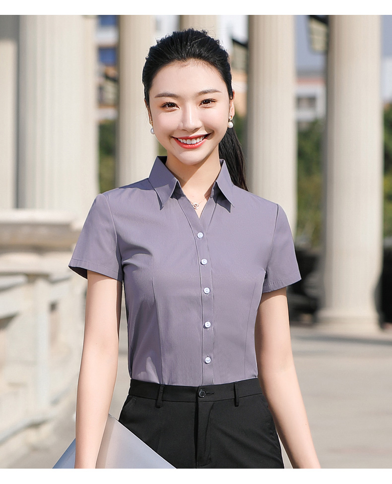 V-neck urban casual fine twill short-sleeved shirt women 171-325 short-sleeved shirt women