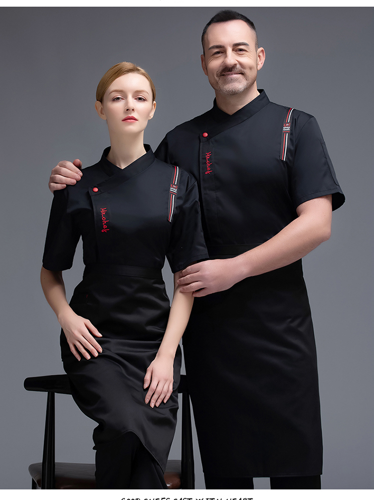 Polyester cotton left shoulder three-color stripe short-sleeved chef uniform top H02-20F015-017