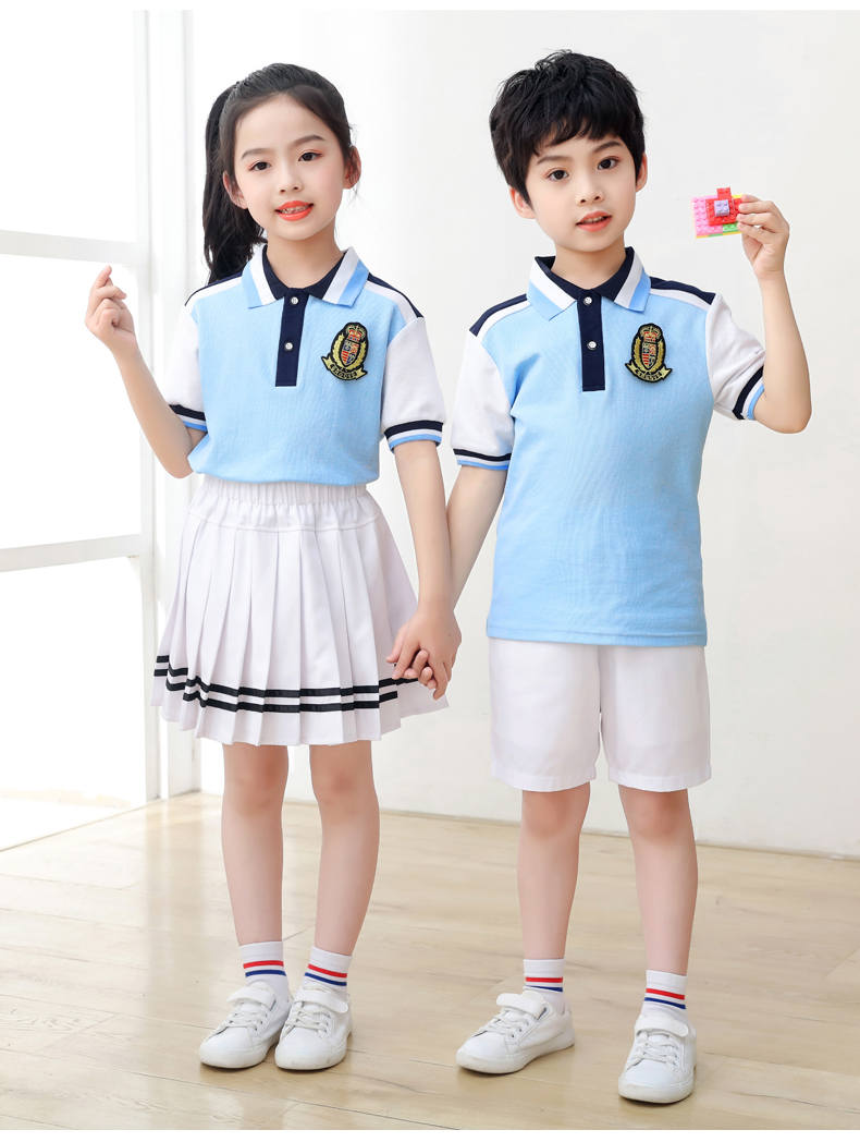 Kindergarten uniform summer British style children short-sleeved school uniform suit two-piece suit H23-1602 (including badge)