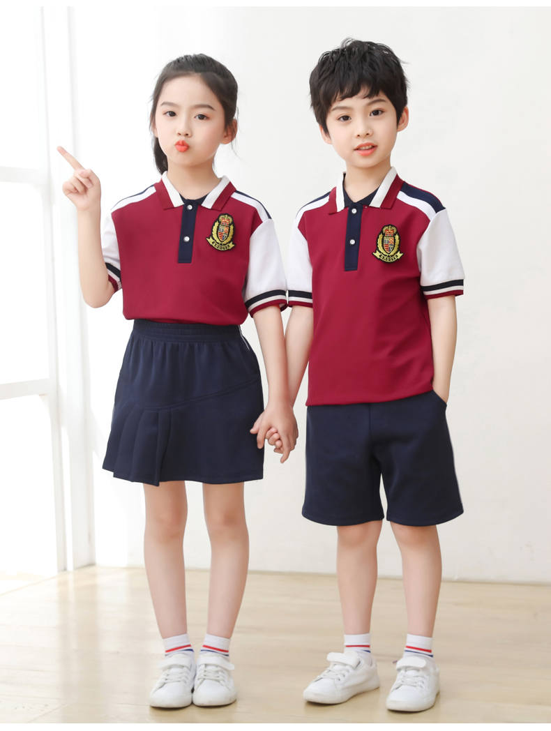 Kindergarten uniform summer British style children short-sleeved school uniform suit two-piece suit H23-1602 (including badge)