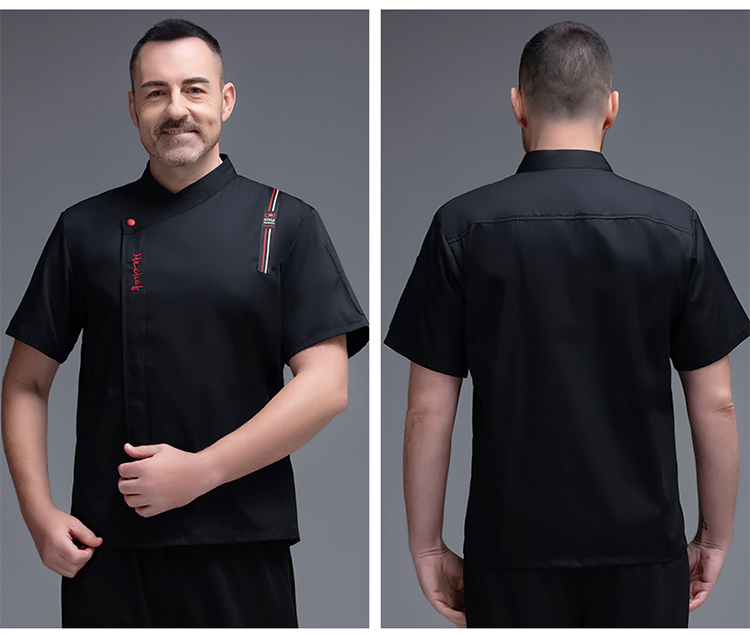 Polyester cotton left shoulder three-color stripe short-sleeved chef uniform top H02-20F015-017