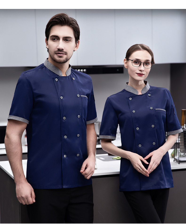 Imitation khaki short-sleeved chef uniform top H03-gray collar double row