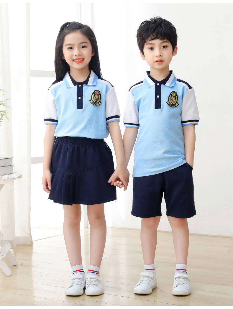 Kindergarten uniform summer British style children short-sleeved school uniform suit two-piece suit H23-1602 (including badge)