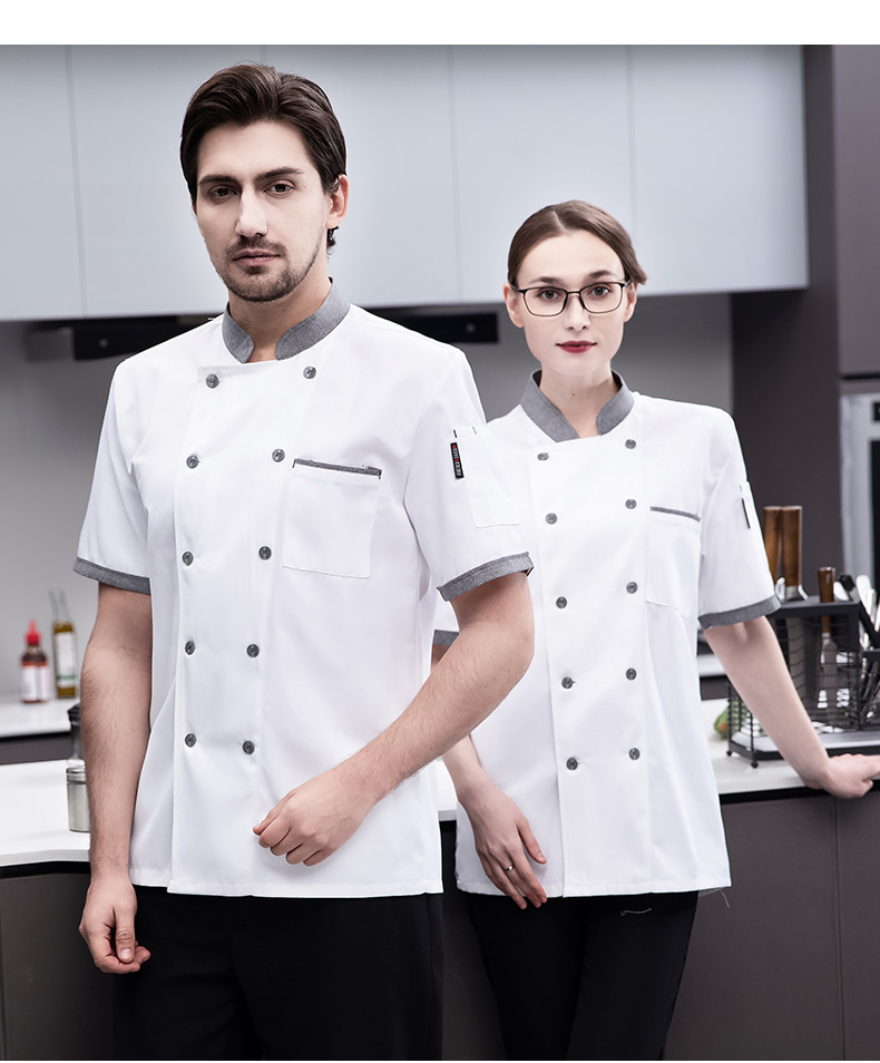 Imitation khaki short-sleeved chef uniform top H03-gray collar double row