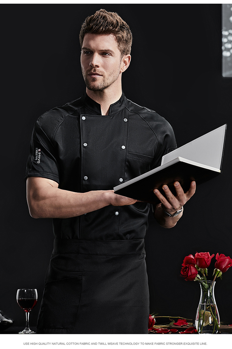 Curved sleeve double-breasted imitation cotton short-sleeved chef uniform H02-22LY156-158