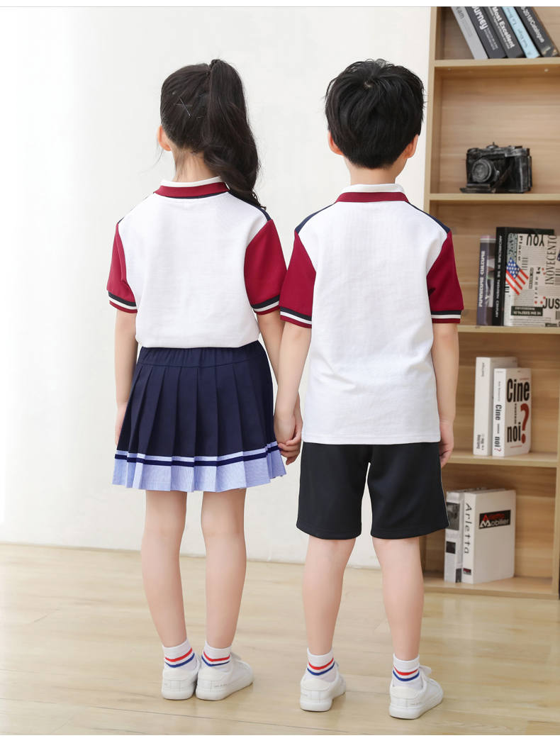 Kindergarten uniform summer British style children short-sleeved school uniform suit two-piece suit H23-1602 (including badge)