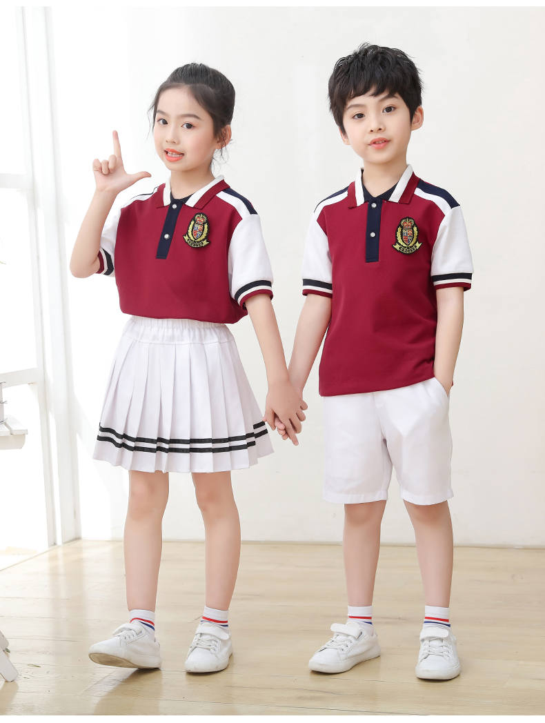 Kindergarten uniform summer British style children short-sleeved school uniform suit two-piece suit H23-1602 (including badge)