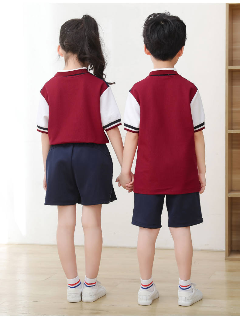 Kindergarten uniform summer British style children short-sleeved school uniform suit two-piece suit H23-1602 (including badge)