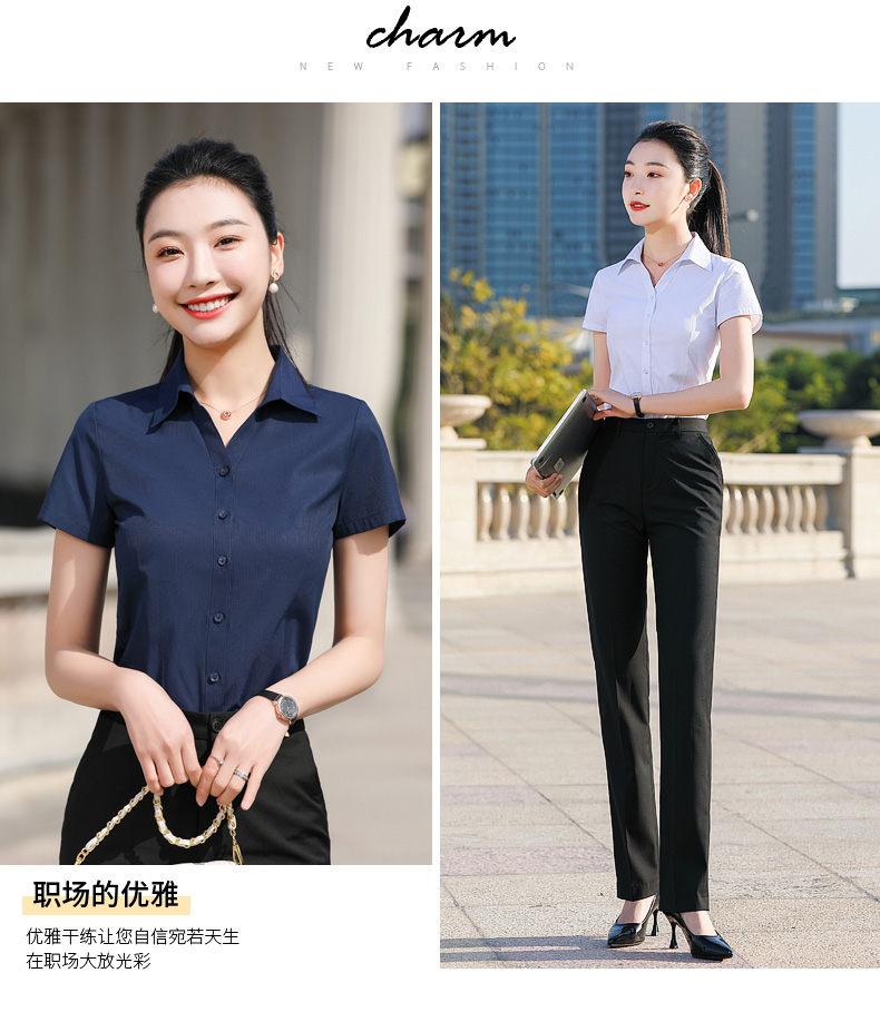 V-neck urban casual fine twill short-sleeved shirt women 171-325 short-sleeved shirt women