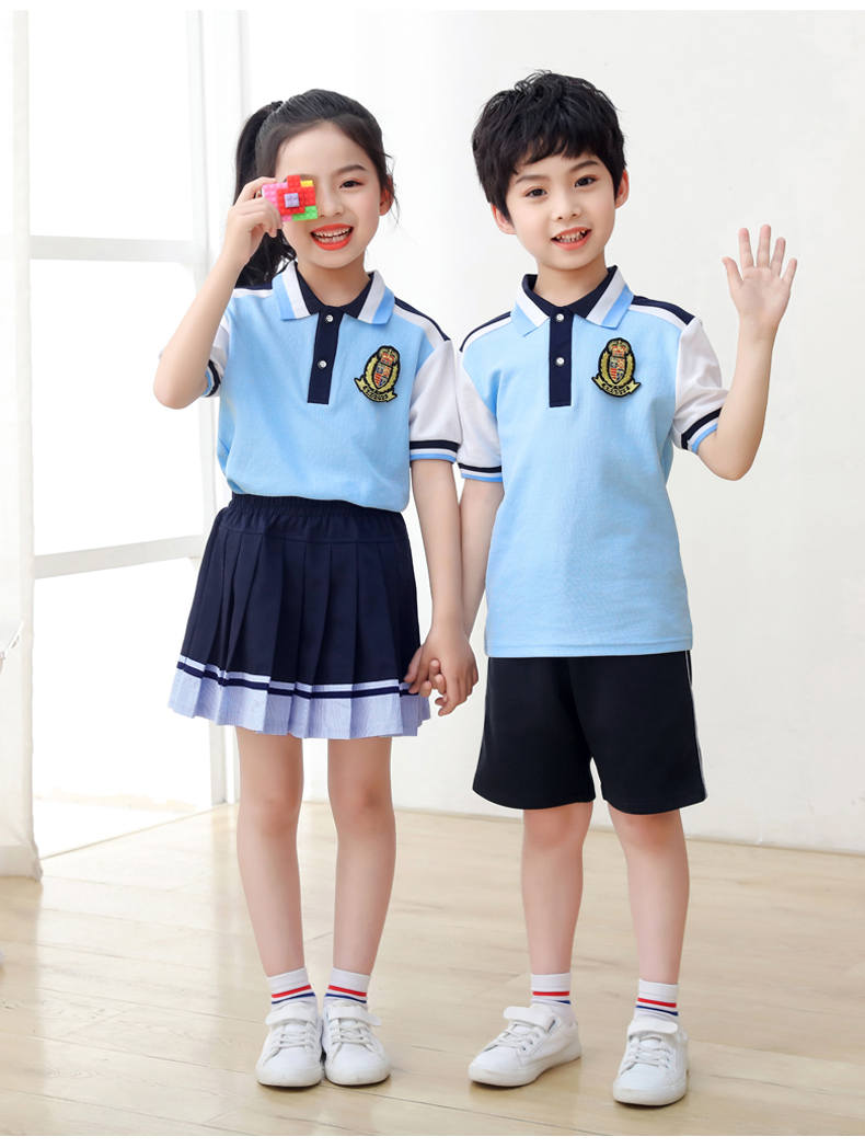 Kindergarten uniform summer British style children short-sleeved school uniform suit two-piece suit H23-1602 (including badge)