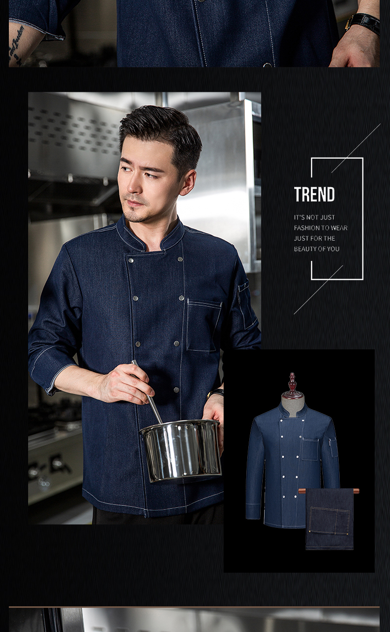 Worsted denim double-breasted catering long-sleeved chef uniform H20-C19-510