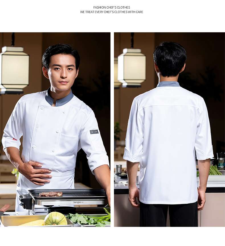 Gray collar double-breasted three-quarter sleeve chef uniform H02-22602