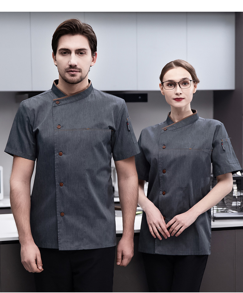 Full-process polyester-cotton short-sleeved chef uniform top H03-slanted gray collar