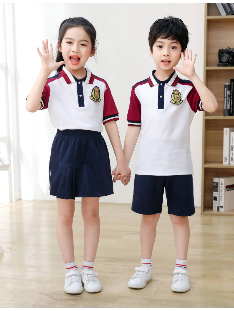 Kindergarten uniform summer British style children short-sleeved school uniform suit two-piece suit H23-1602 (including badge)