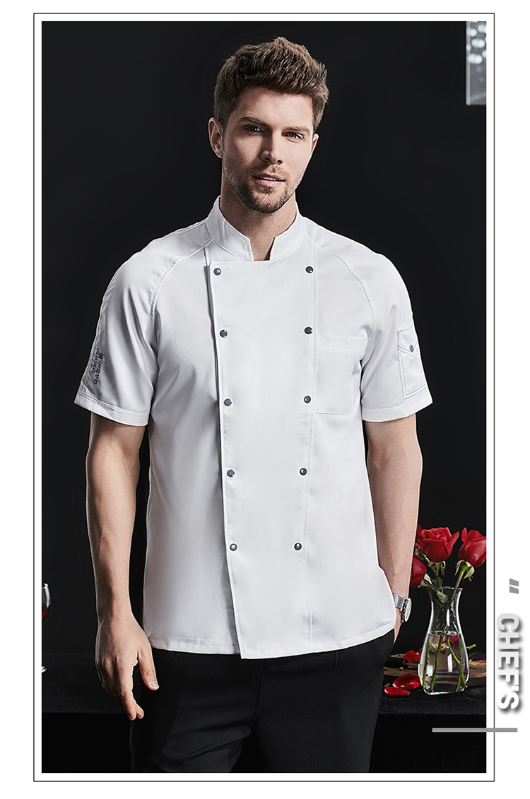 Curved sleeve double-breasted imitation cotton short-sleeved chef uniform H02-22LY156-158