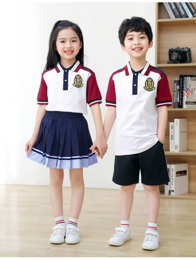 Kindergarten uniform summer British style children short-sleeved school uniform suit two-piece suit H23-1602 (including badge)