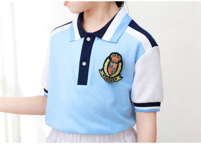 Kindergarten uniform summer British style children short-sleeved school uniform suit two-piece suit H23-1602 (including badge)