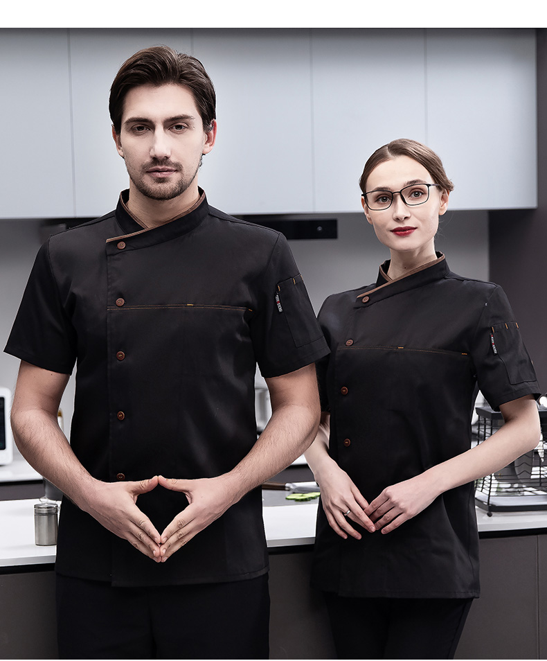 Full-process polyester-cotton short-sleeved chef uniform top H03-slanted gray collar