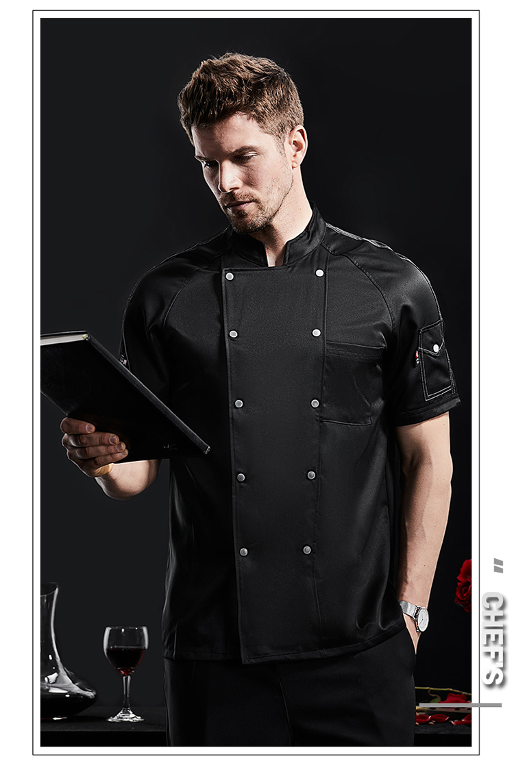 Curved sleeve double-breasted imitation cotton short-sleeved chef uniform H02-22LY156-158