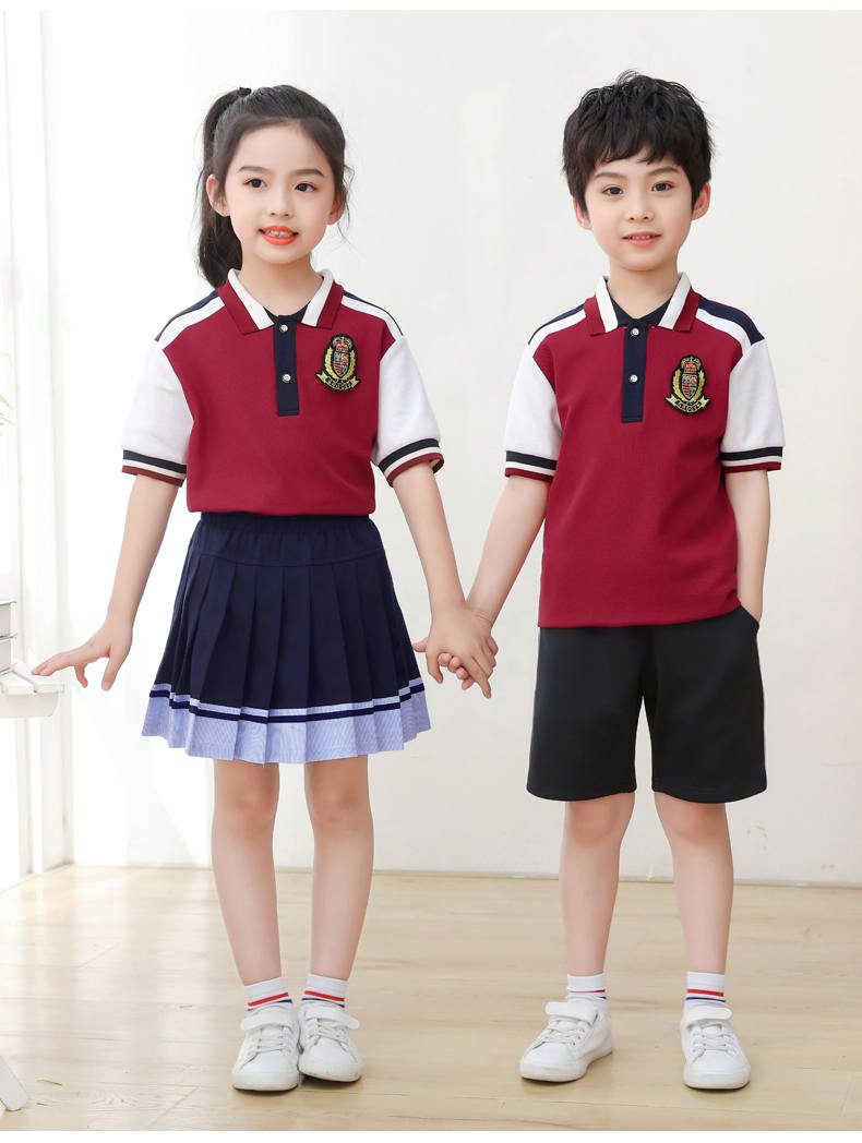 Kindergarten uniform summer British style children short-sleeved school uniform suit two-piece suit H23-1602 (including badge)