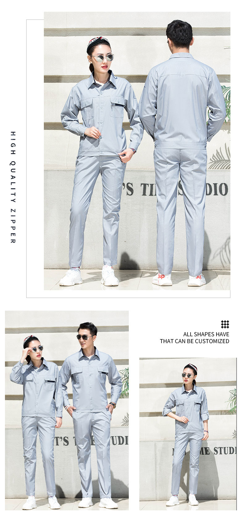 Polyester cotton brushed yarn silk small zipper summer long-sleeved workwear labor protection clothing suit B01-781-L-782-L suit