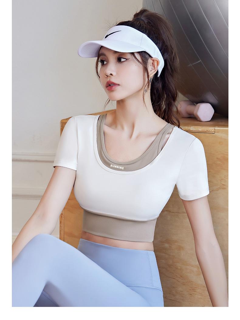 JYMD035-Peach color matching fake two-piece short-sleeved sportswear yoga clothes