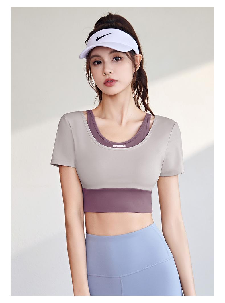 JYMD035-Peach color matching fake two-piece short-sleeved sportswear yoga clothes