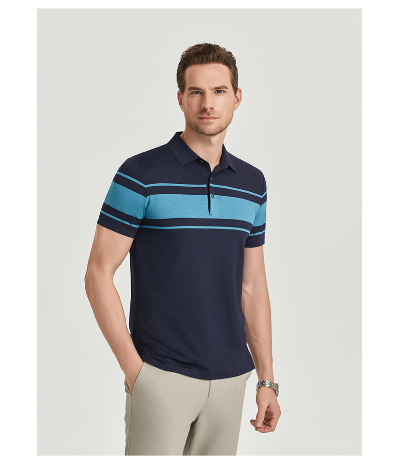 Comfortable and breathable monochrome stitching brocade-nylon yarn-dyed striped short-sleeved lapel polo shirt GJ61-W2822007