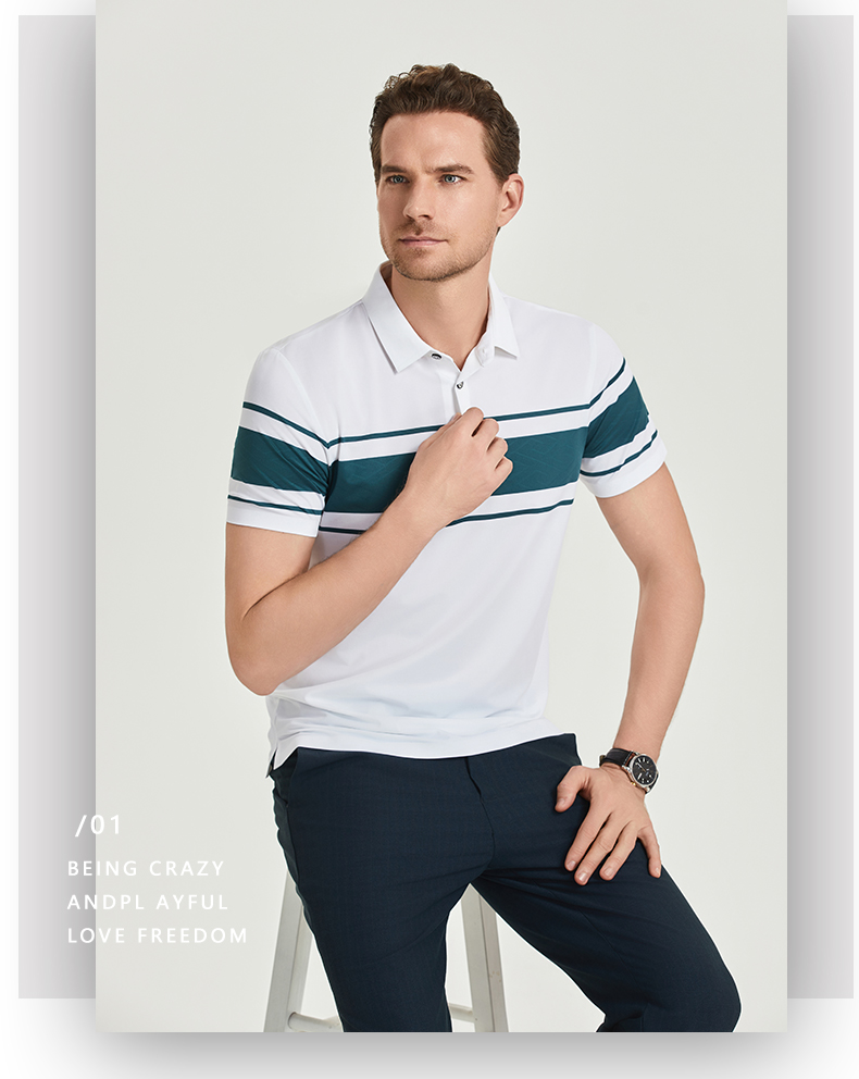 Comfortable and breathable monochrome stitching brocade-nylon yarn-dyed striped short-sleeved lapel polo shirt GJ61-W2822007