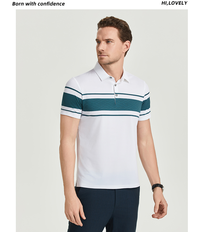 Comfortable and breathable monochrome stitching brocade-nylon yarn-dyed striped short-sleeved lapel polo shirt GJ61-W2822007