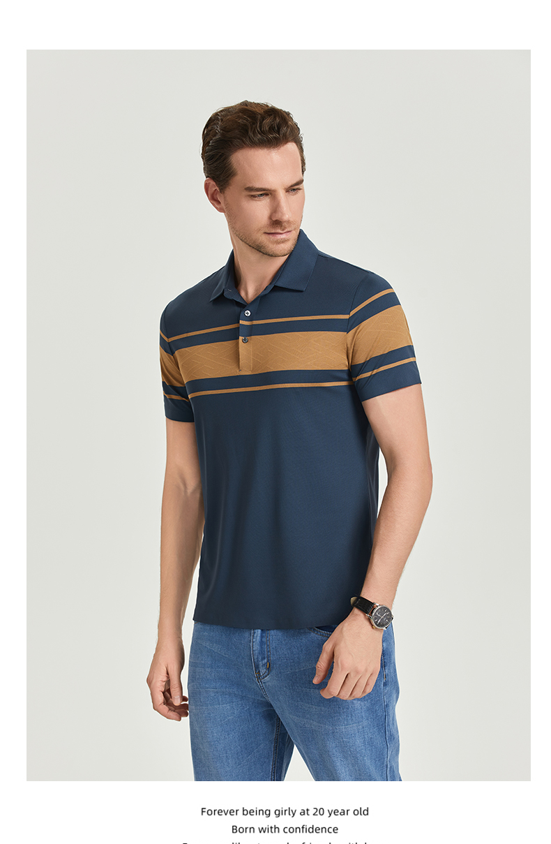 Comfortable and breathable monochrome stitching brocade-nylon yarn-dyed striped short-sleeved lapel polo shirt GJ61-W2822007