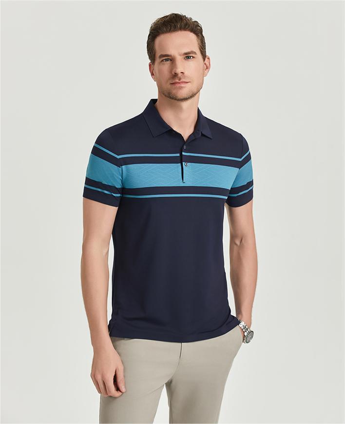 Comfortable and breathable monochrome stitching brocade-nylon yarn-dyed striped short-sleeved lapel polo shirt GJ61-W2822007