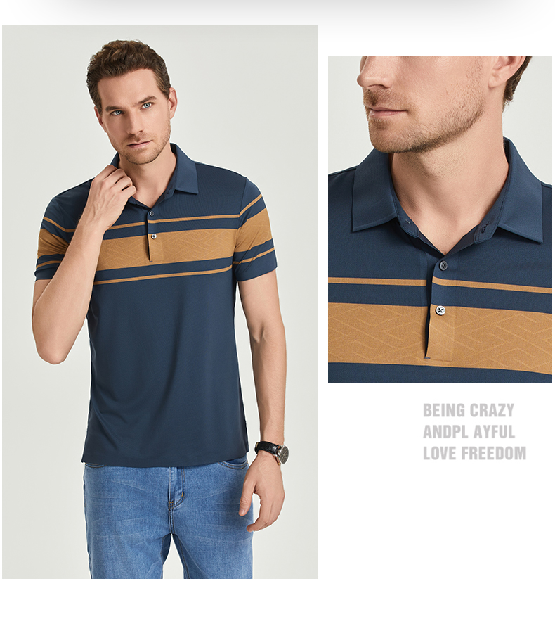 Comfortable and breathable monochrome stitching brocade-nylon yarn-dyed striped short-sleeved lapel polo shirt GJ61-W2822007