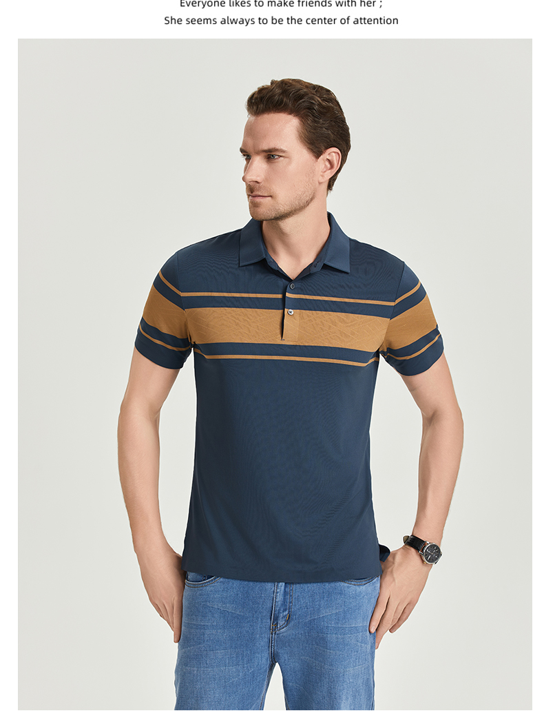 Comfortable and breathable monochrome stitching brocade-nylon yarn-dyed striped short-sleeved lapel polo shirt GJ61-W2822007