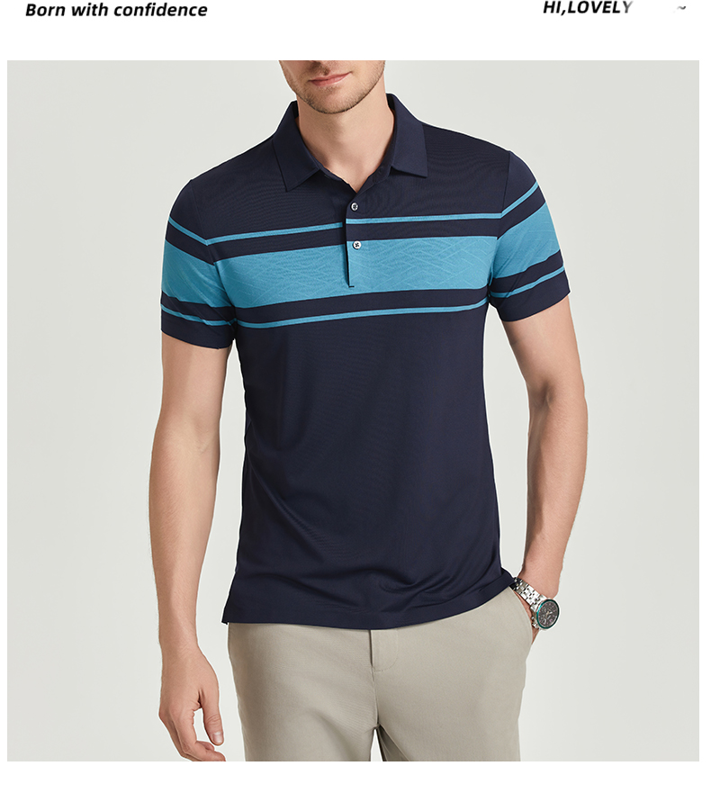 Comfortable and breathable monochrome stitching brocade-nylon yarn-dyed striped short-sleeved lapel polo shirt GJ61-W2822007