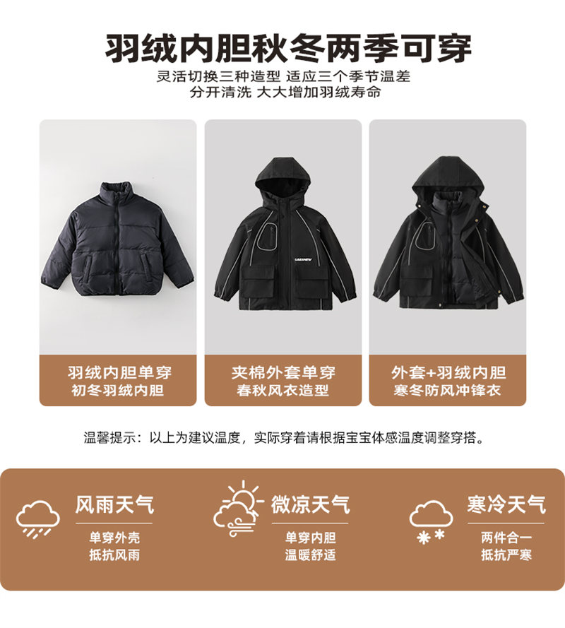 White duck down splicing down liner three-in-one jacket for children 220-D23628