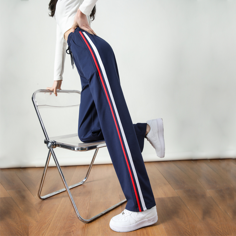 Wide-leg straight high waist contrast color stripe casual slim sports mopping drape pants G32-2817