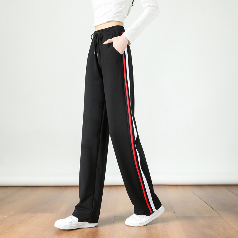 Wide-leg straight high waist contrast color stripe casual slim sports mopping drape pants G32-2817