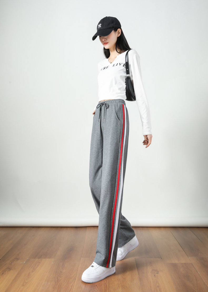 Wide-leg straight high waist contrast color stripe casual slim sports mopping drape pants G32-2817