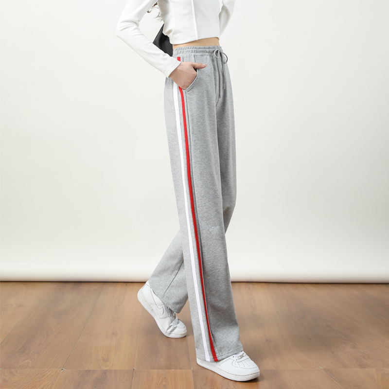 Wide-leg straight high waist contrast color stripe casual slim sports mopping drape pants G32-2817