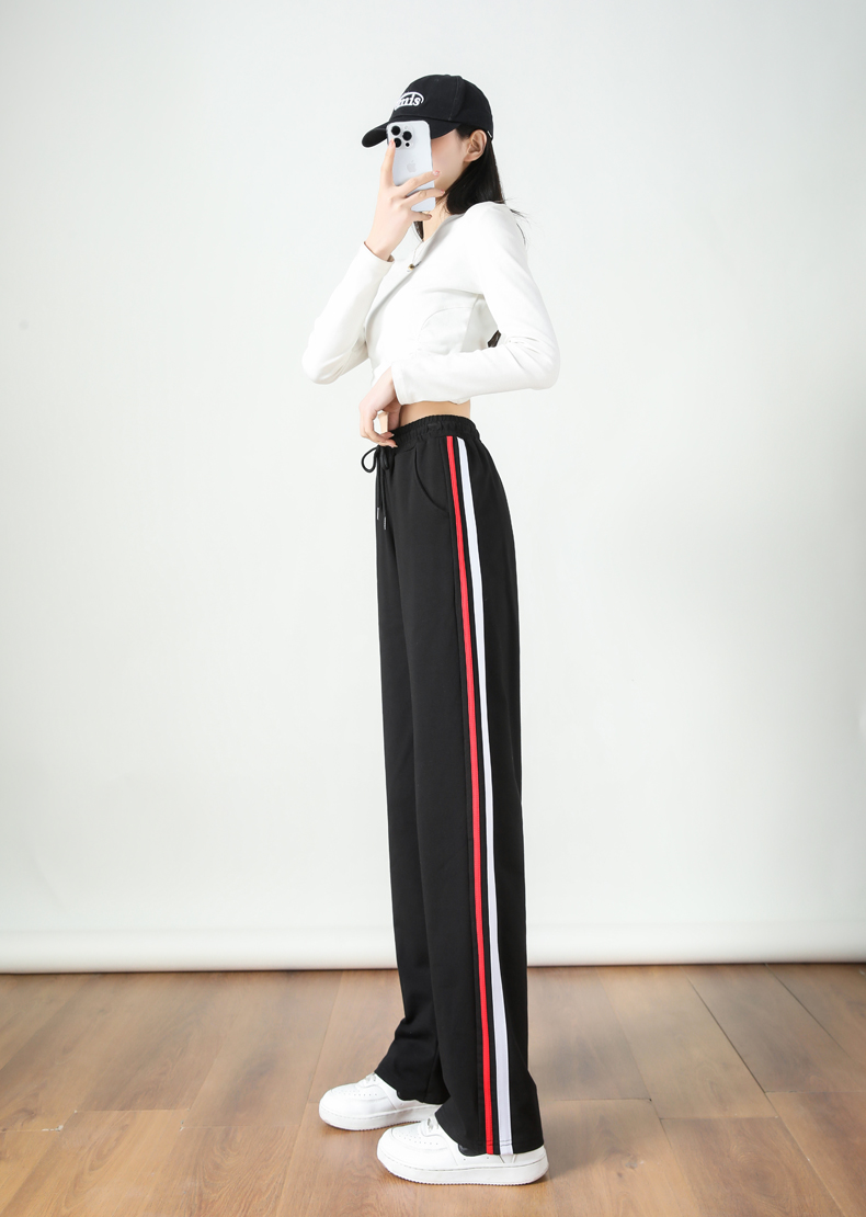 Wide-leg straight high waist contrast color stripe casual slim sports mopping drape pants G32-2817