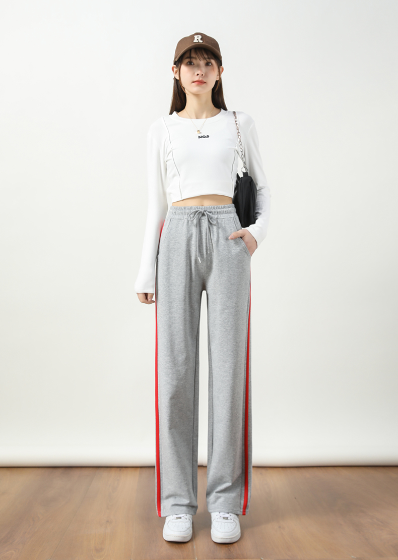 Wide-leg straight high waist contrast color stripe casual slim sports mopping drape pants G32-2817